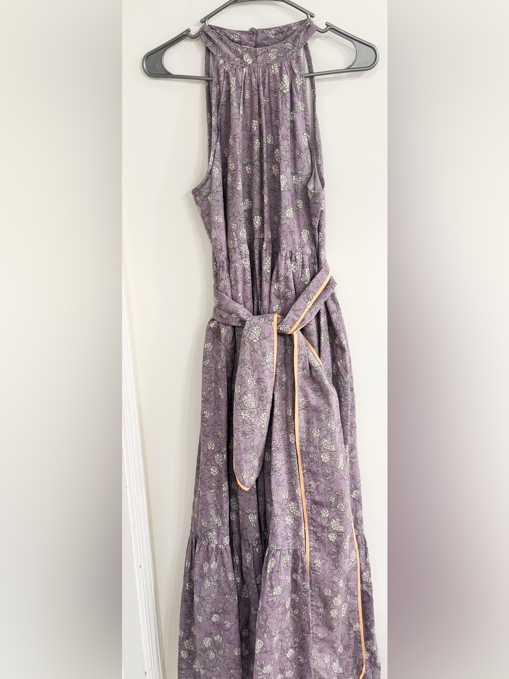 Victoria Dunn Lavender Floral Sleeveless Dress with Peach-Trim Belt Boho Cotton